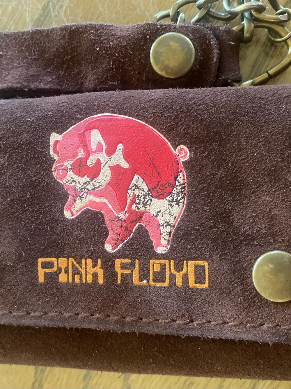 Y2K Pink Floyd Brown Suede Crossbody with Pink Pig and Gold Logo